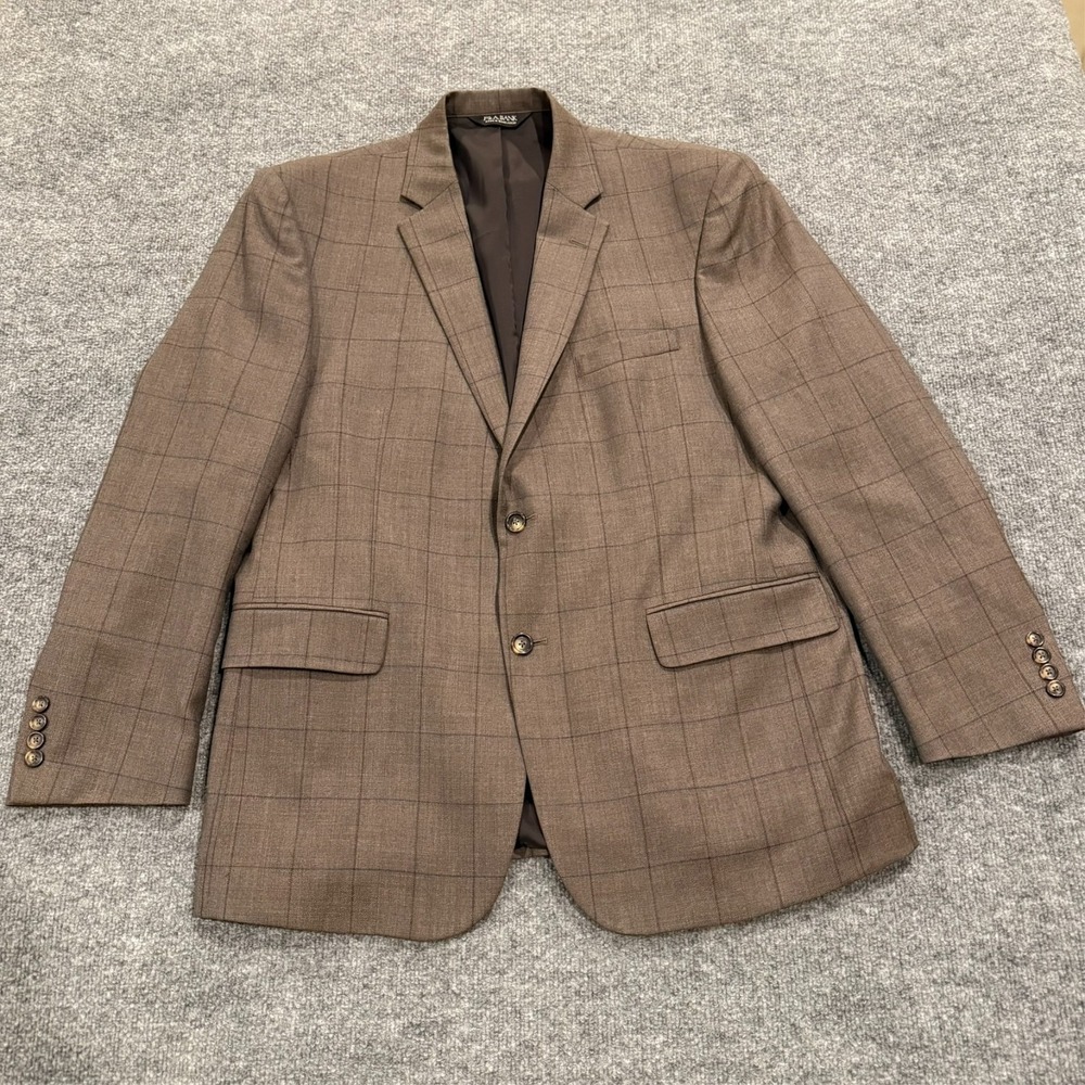 Jos A Bank Travelers Collection Blazer 44R Brown Windowpane Wool Sport Coat